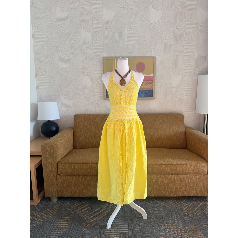 Seaspice Resort Wear Yellow Peruvian Cotton Crochet Halter Midi Dress